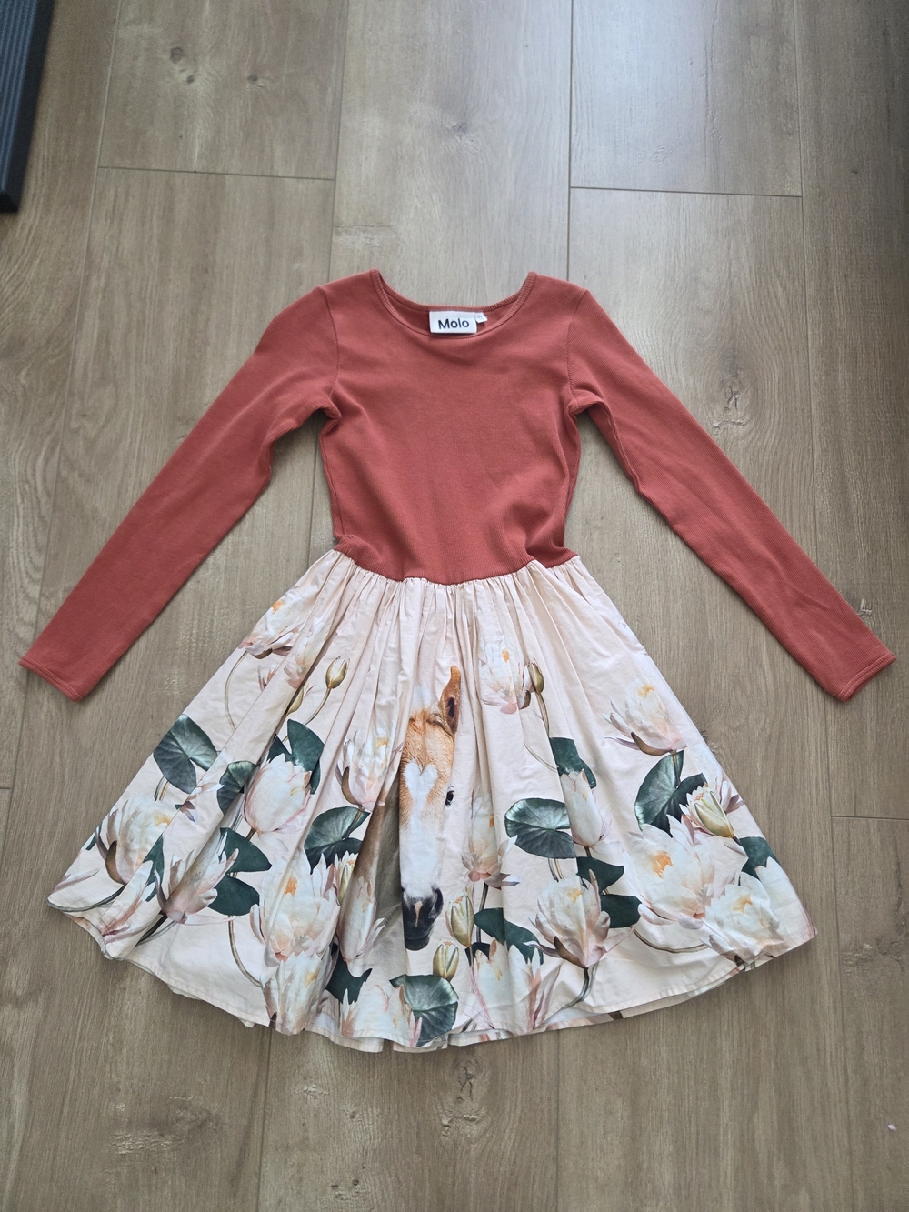 Molo Girls Rust Bodice Floral Horse Print Skater Dress